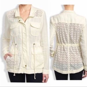 Lucky Brand Cream Sz XS Eyelet Zip Utility Jacket Pockets Cottagecore Cotton